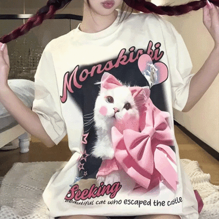 고양이티셔츠 프린팅반팔 라운드넥 루즈핏 데일리반팔티 하이틴룩 키치옷