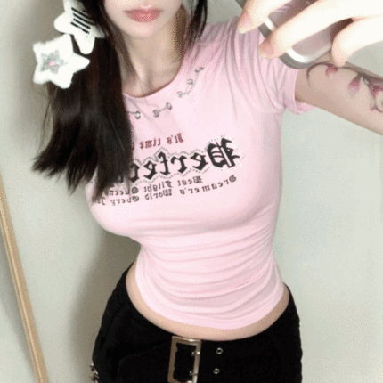 레터링반팔티셔츠 체인티셔츠 코르셋 슬림핏 섹시룩 핑크 키치옷